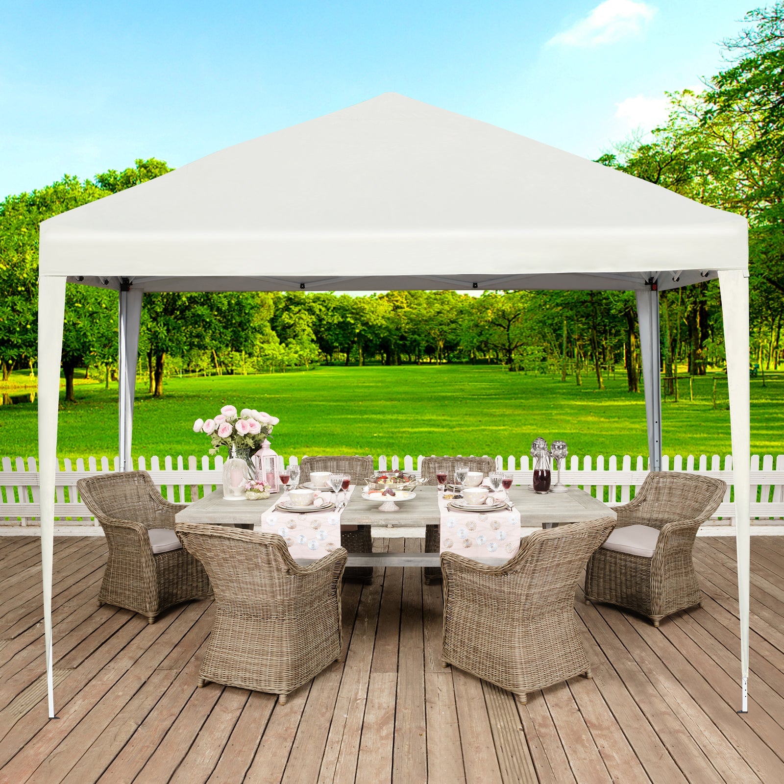 AVAWING 10'x10' Pop up Canopy with Sidewalls Wheeled Roller Bag, Waterproof & Anti-UV Canopy Tent for Outside, Parties, Exhibition, Picnic with Sandbags x 4, Ropes x 4 (White)