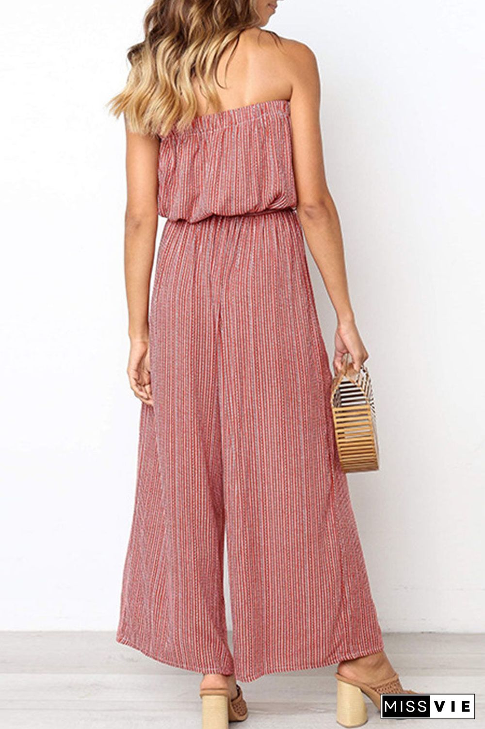 Fashion Street Striped With Belt Strapless Loose Jumpsuits