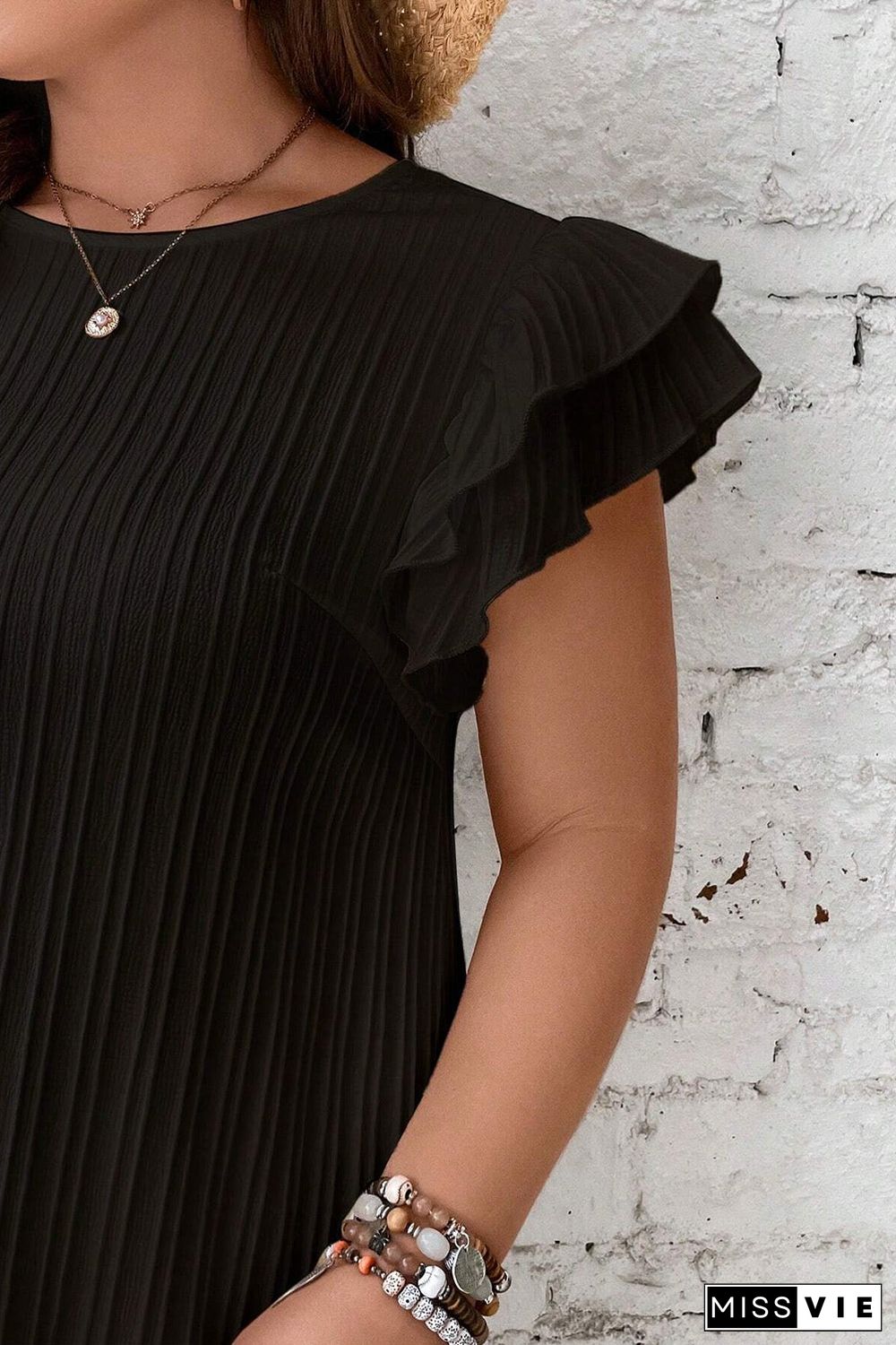 Black Ruffled Sleeve Rib Textured Plus Size Shift Dress