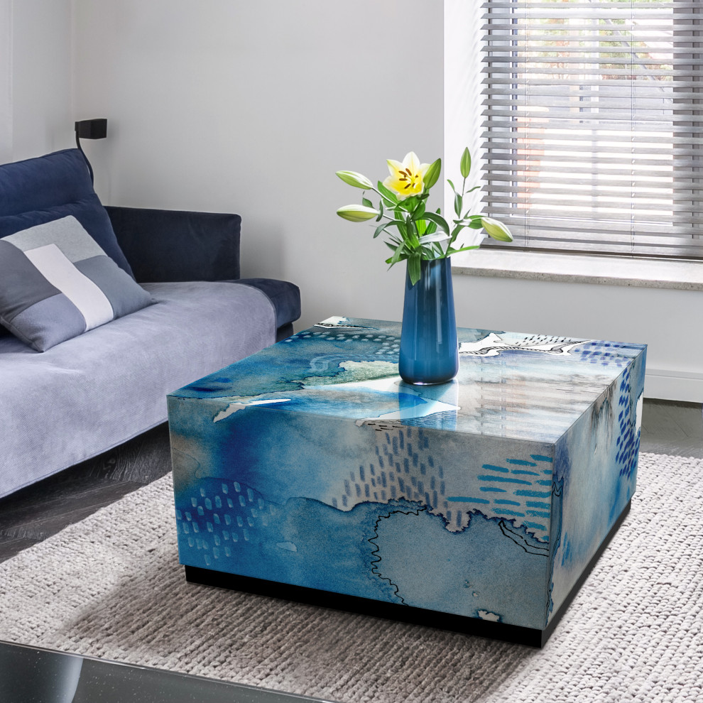 quotSubtle Blues II quotReverse Printed Art Glass Cocktail Table with Black Plinth Base   Contemporary   Coffee Tables   by Empire Art Direct  Houzz