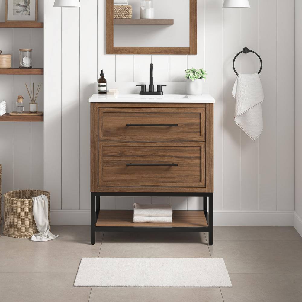 Home Decorators Collection Corley 30 in. W x 19 in. D x 34.50 in. H Freestanding Vanity in Spiced Walnut with White Engineered Stone Top Corley 30SW