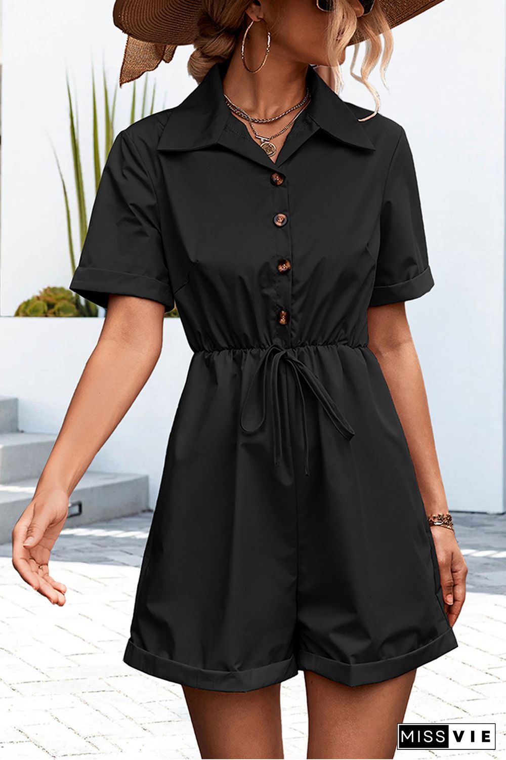 Turndown Collar Button Up One Piece Romper