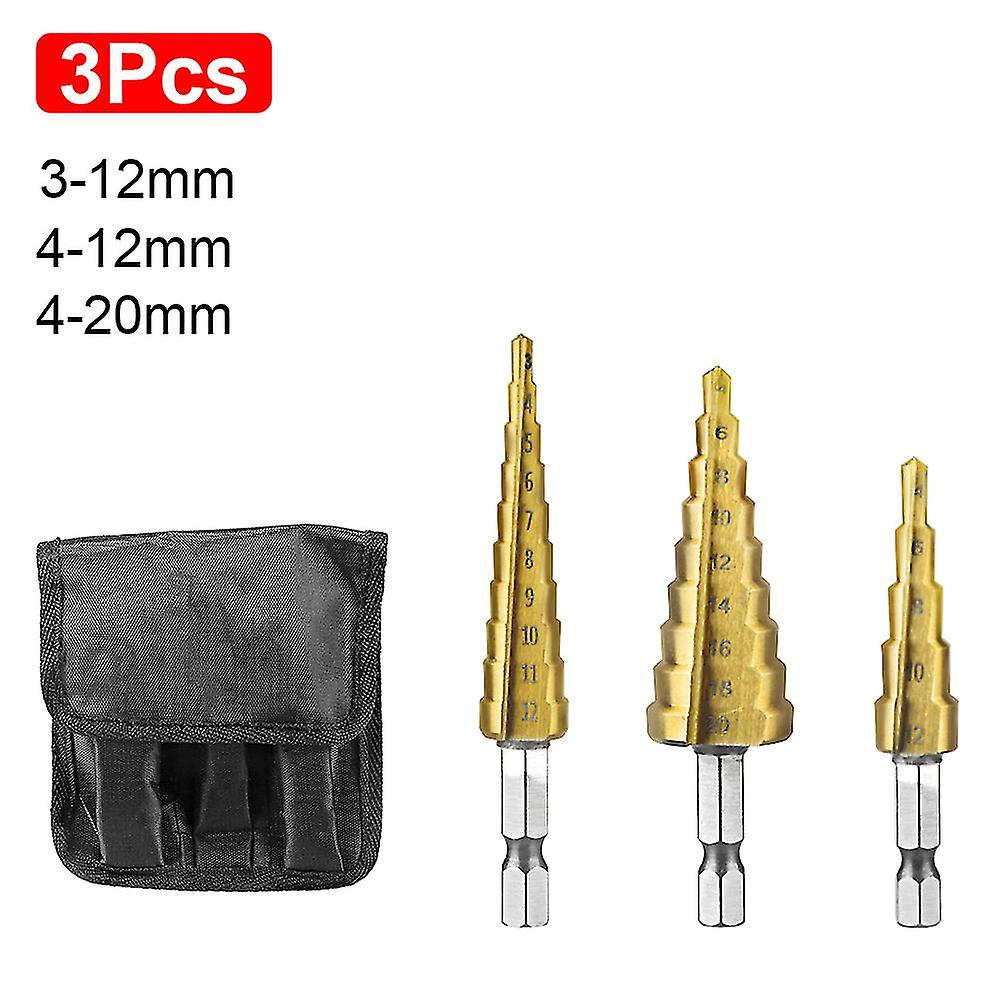 3pcs Set Titanium Step Bit Hole Metal Tools Cutter Drilling 4-12 4-20 4-32 Hss Drill Hss Steel Straight Groove Step Wood Cone