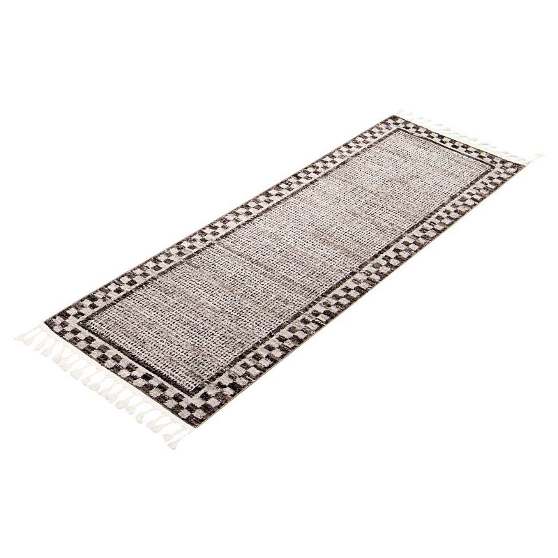 2.5' x 8.25' Off White and Black Bordered Pattern Rectangular Rug Runner