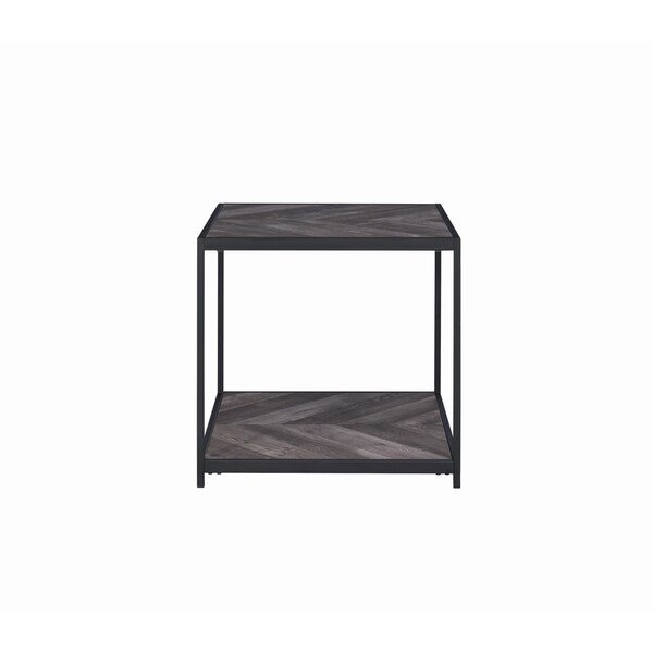 Metal Frame End Table with Wooden Top and Bottom Shelf， Black and Gray