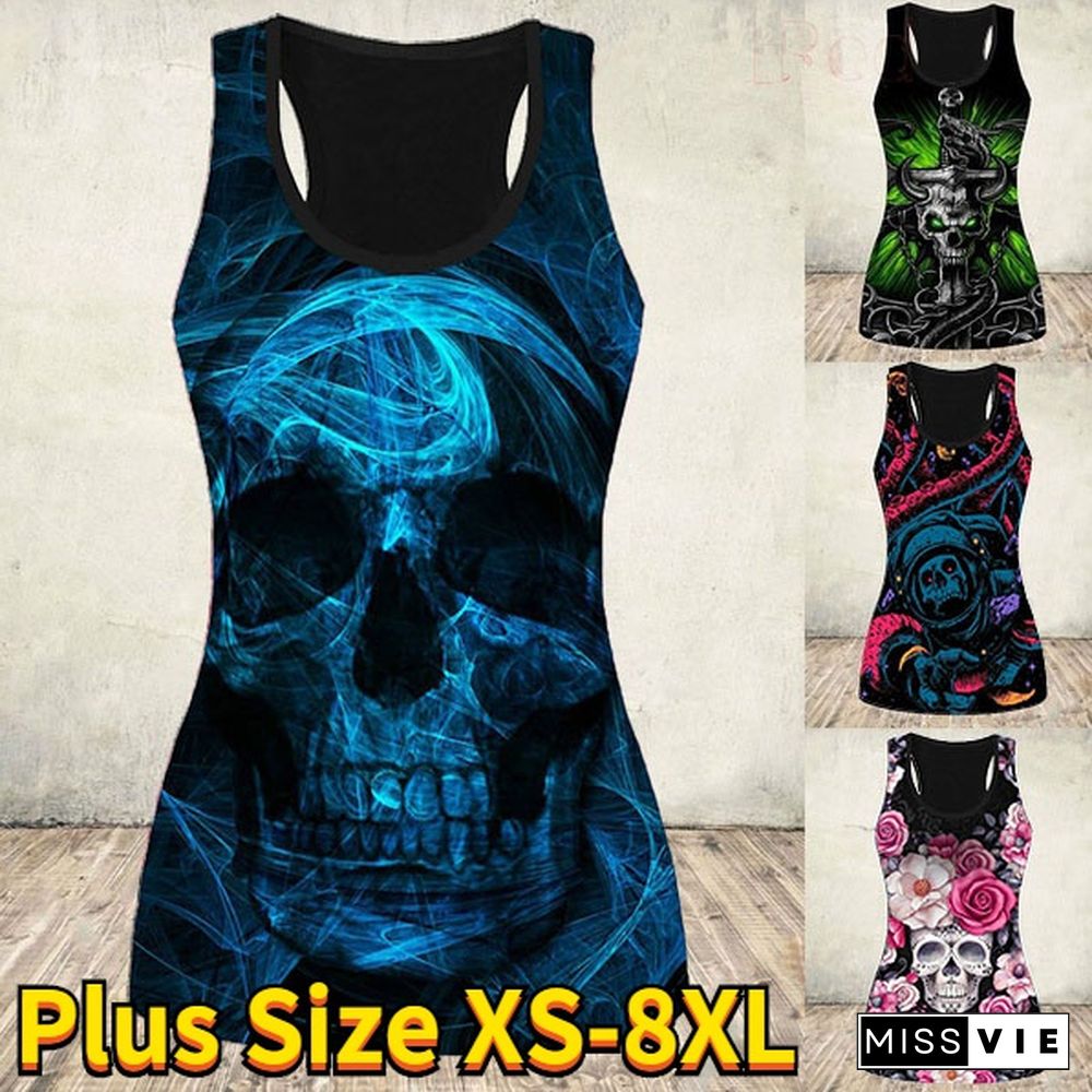 Women's Fashion 3D Skull Print Hollow Out Tank Top Summer Sleeveless Graphic Punk Shirt Slim Fit Cotton Gothic Tee Tops Plus Size Vest XS-8XL