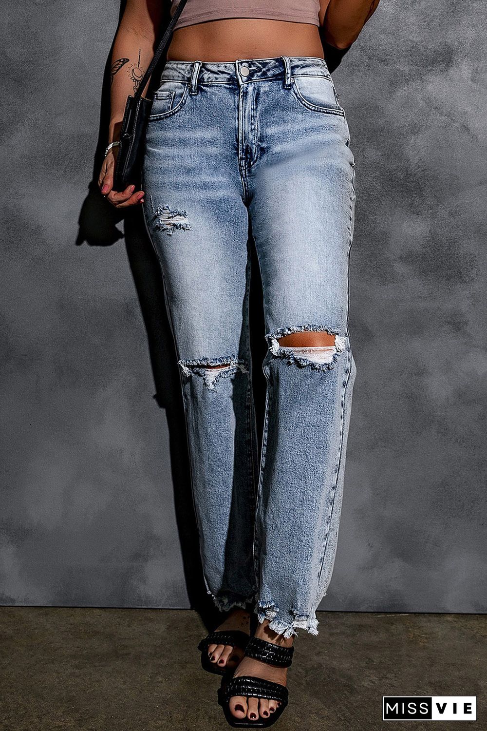 Sky Blue Washed Ripped Wide Leg High Waist Jeans