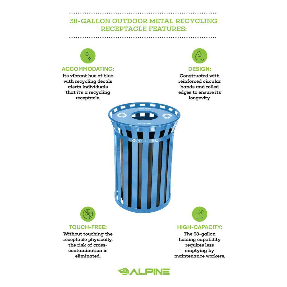 Alpine Industries 38 Gal. Blue Metal Slatted Outdoor Commercial Recycling Receptacle Trash Can 479-38-BLU