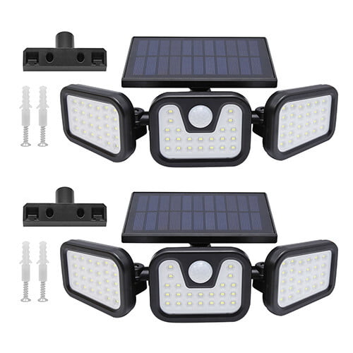 Solar Lights Outdoor， 2Pcs Solar Security Lights Motion Sensor Outdoor Flood Lights， Solar Porch Shop Light 270° Wide Angle Illumination，3 Heads Adjustable IP65 74 LEDs for Home Garden Patio Yard