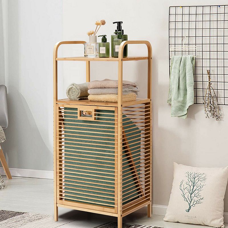 Tilt-out Wicker Laundry Hamper  with 2-Tier Shelf and Removable Liner-Natural