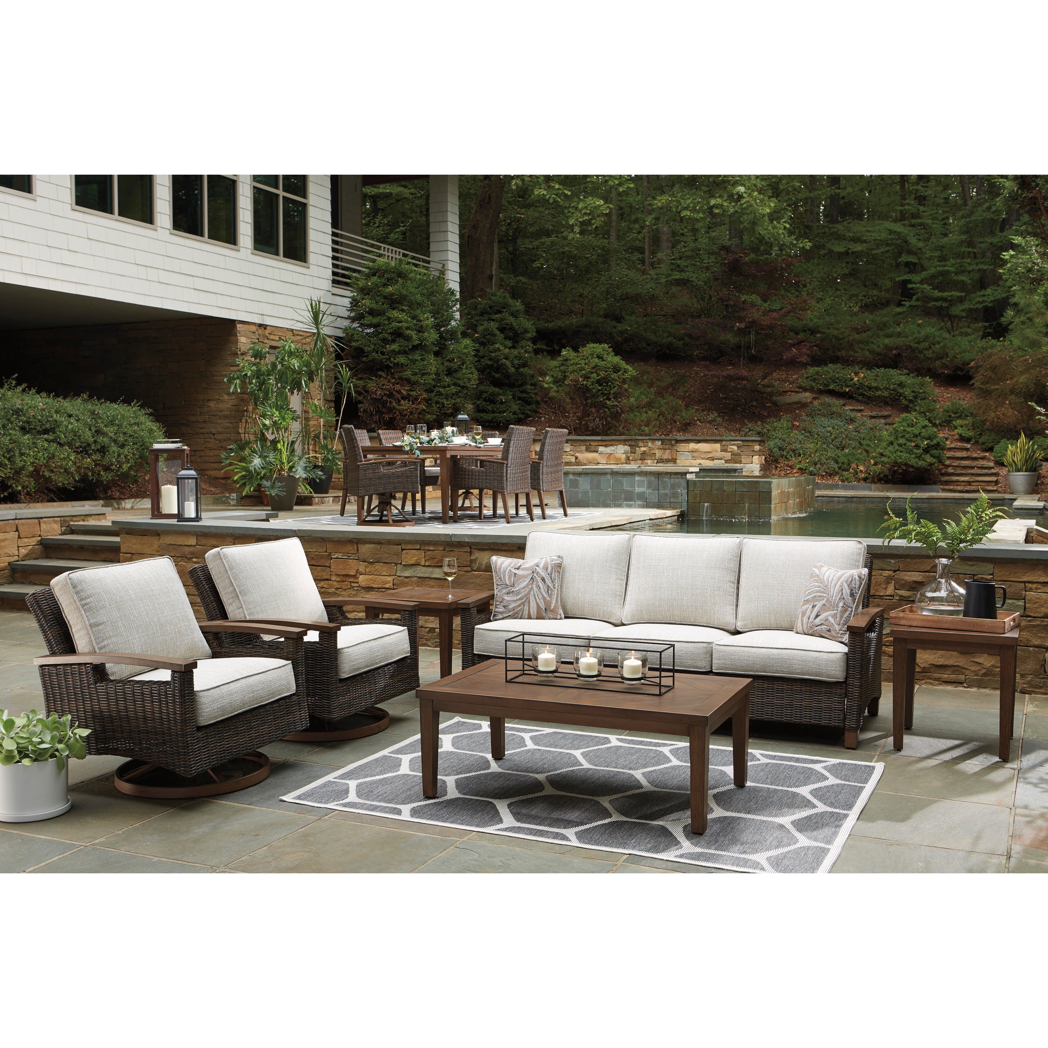 Sea Cliff 4pc Outdoor Seating Set:Sofa + 2 Swivel Rocker Club Chairs + Firepit