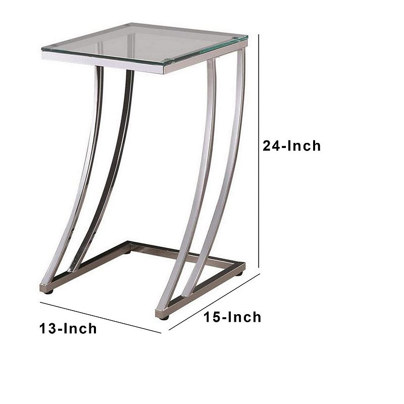 Contemporary Metal Accent Table With Glass Top， Clear And Silver