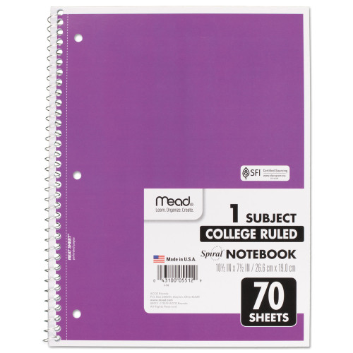 Mead Spiral Notebook， 1 Subject， Medium/College Rule， Assorted Color Covers， 10.5 x 7.5， 70 Sheets (05512)