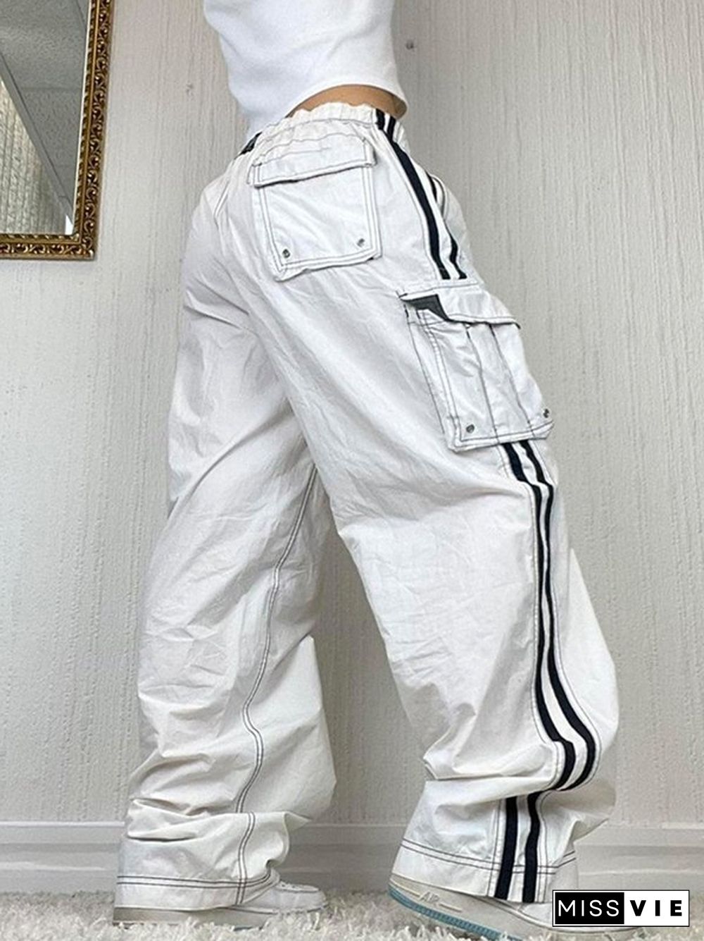 Side Striped White Baggy Cargo Jeans