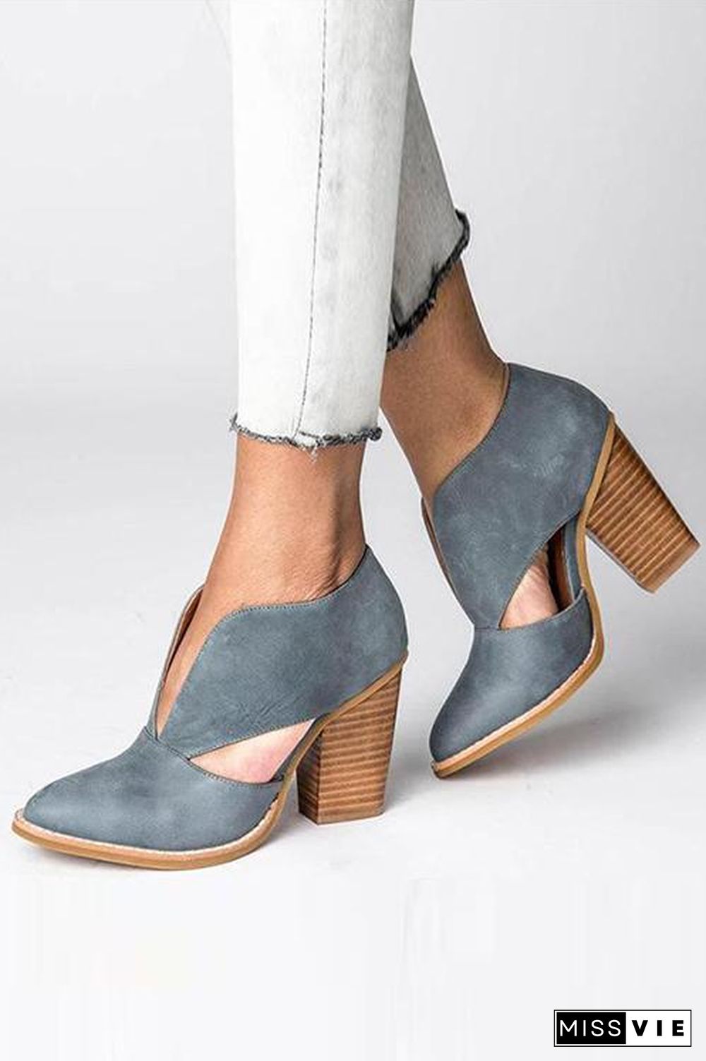 V Cutout  Chunky Heel Ankle Boots