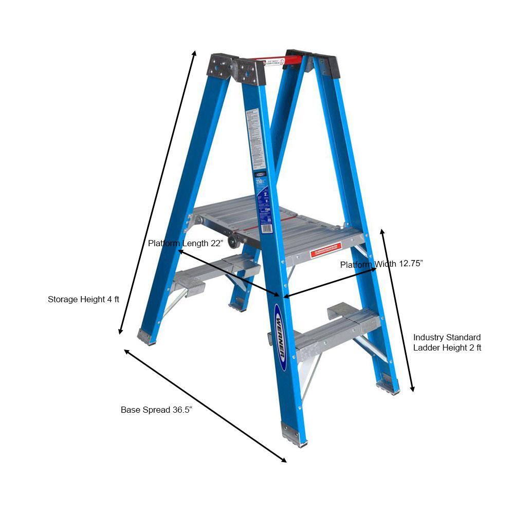 Werner 8 ft. Reach Fiberglass Platform Twin Step Ladder with 250 lb. Load Capacity Type I Duty Rating PT6002