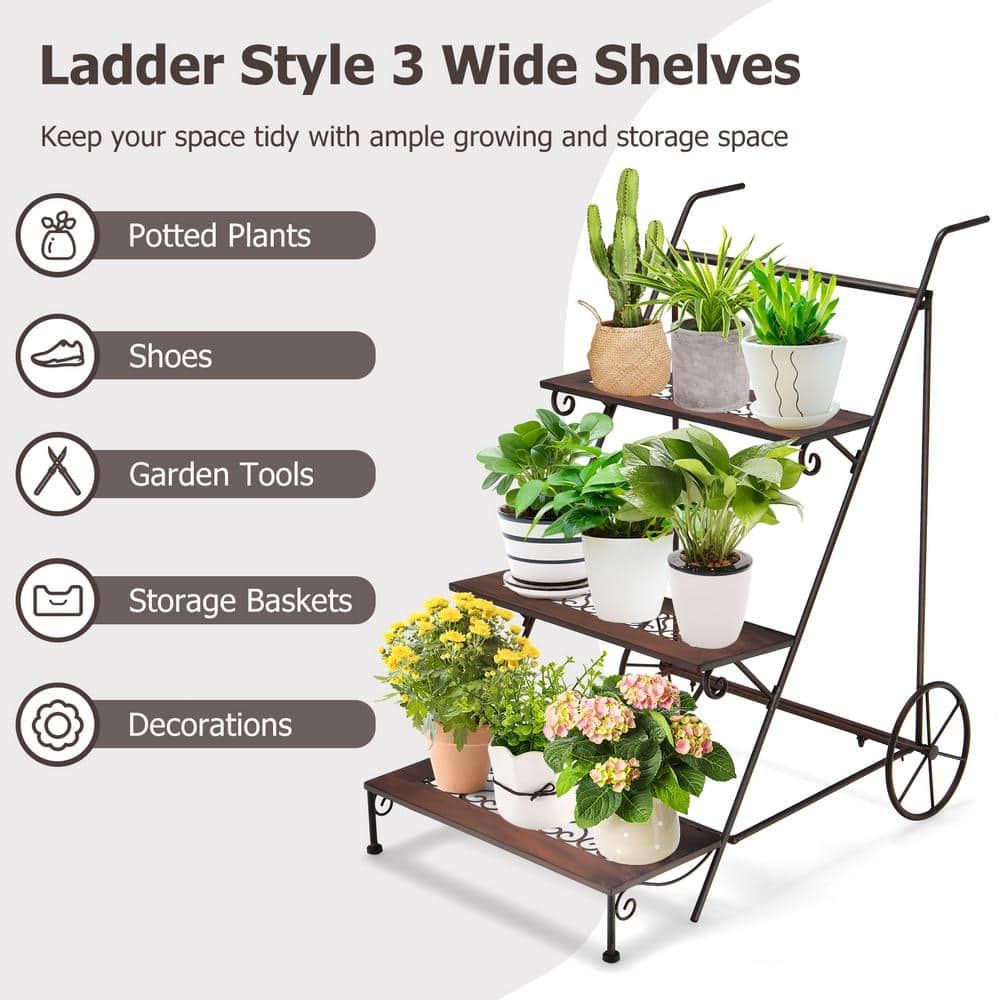 ANGELES HOME 33.5 in. H 3-Tier Metal Plant Stand with Wheels and Handle for Balcony 8CK10TA019