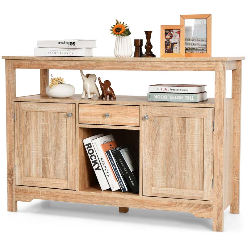 Wood Buffet Server Sideboard Console Table Utensils Organizer with 9 Wine Grids, 1 Drawer & 2 Cabinets