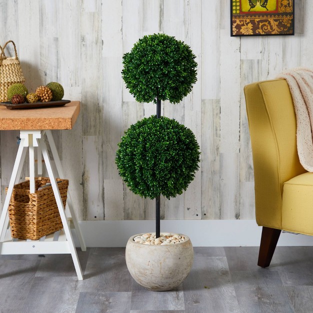 Indoor/outdoor Boxwood Double Ball Artificial Topiary Tree In Planter Sand - Nearly Natural