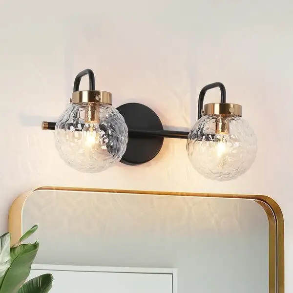 Mid-Century Modern Black Gold 4-Light Bathroom Vanity Lights Globe Glass Wall Sconces