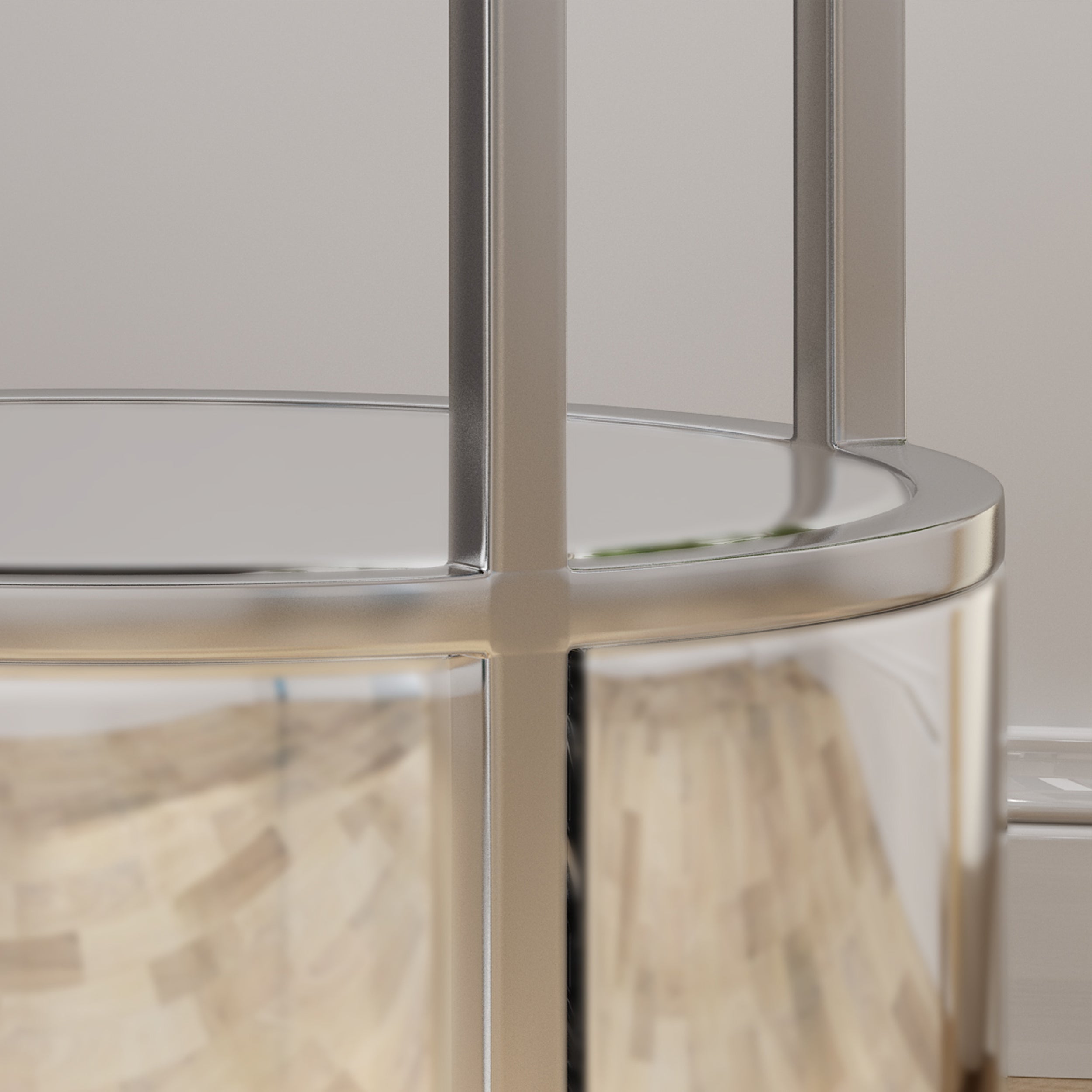 Celina Modern Round End Table with Tempered Glass Drawers and Stainless Steel Frame, Silver