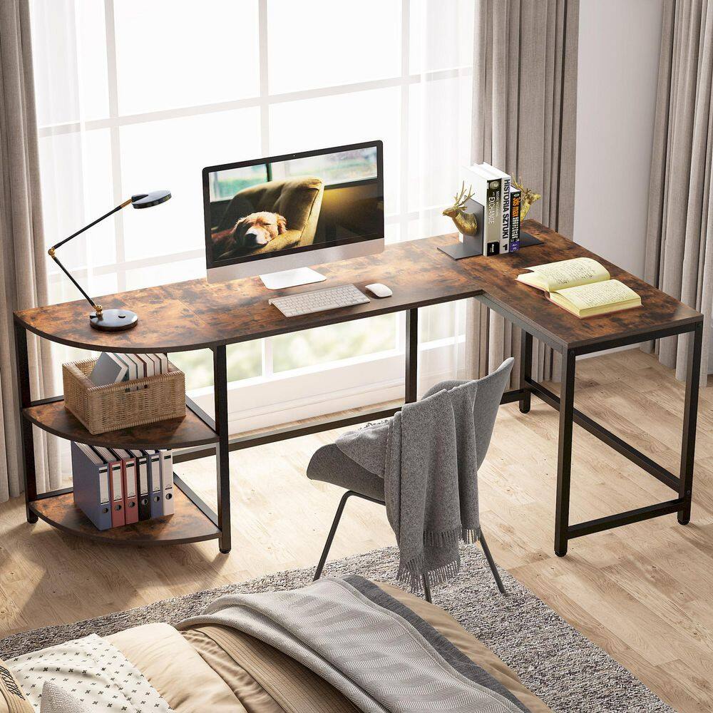 TRIBESIGNS WAY TO ORIGIN Halseey 74.8 in. W L-Shaped Brown Corner Computer Reversible Writing Studying Reading Desk 3 Tier Storage Shelves HD-CJ063-WZZ