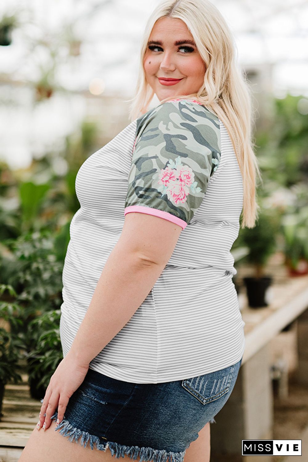 Gray Plus Size Camo Sleeve Striped Tee