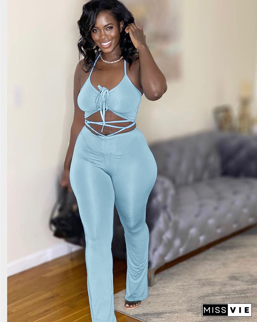 Halter Backless Crop Top and Full Pants Set