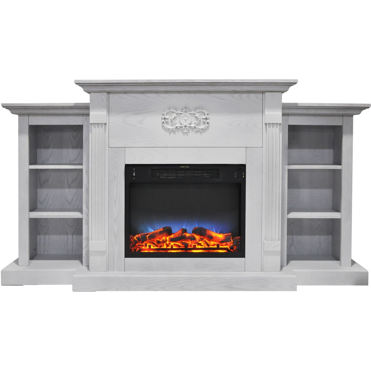 Cambridge Sanoma 72'' Electric Multi-Color LED Fireplace with Charred Log Insert | For Rooms up to 210 Sq.Ft | Remote | White Mantel | Adjustable Heat Settings | Storage | Timer