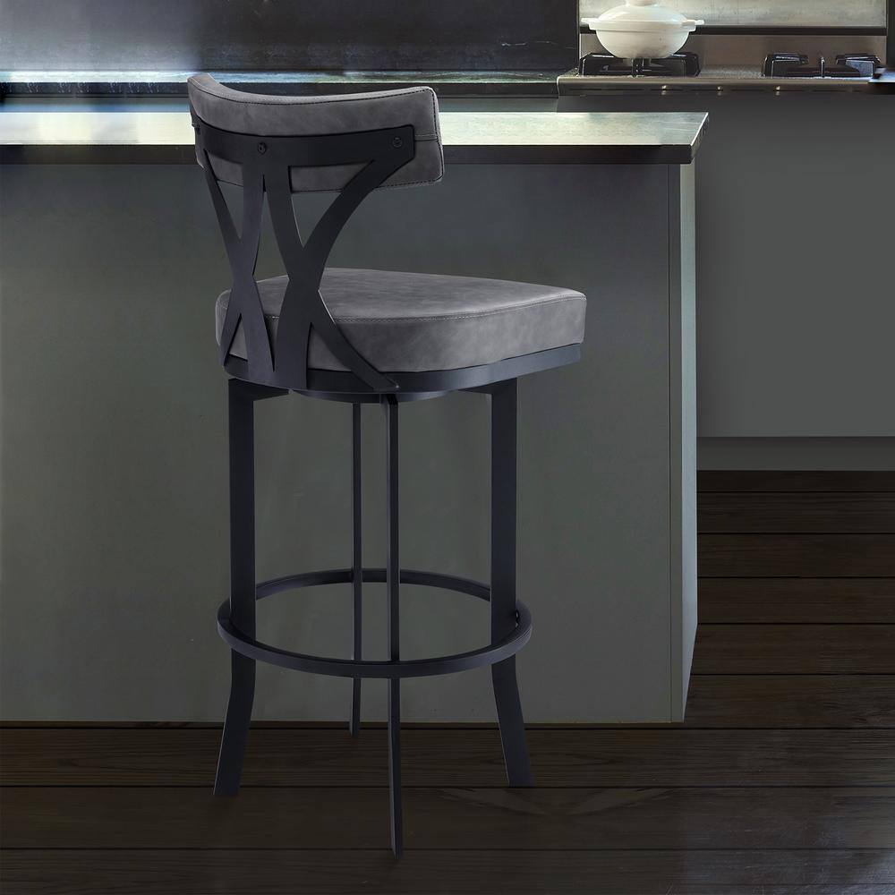 Armen Living Natalie Contemporary 30 in. Bar Height Bar Stool in Black Powder Coated and Vintage Grey Faux Leather LCNTBABLVG30