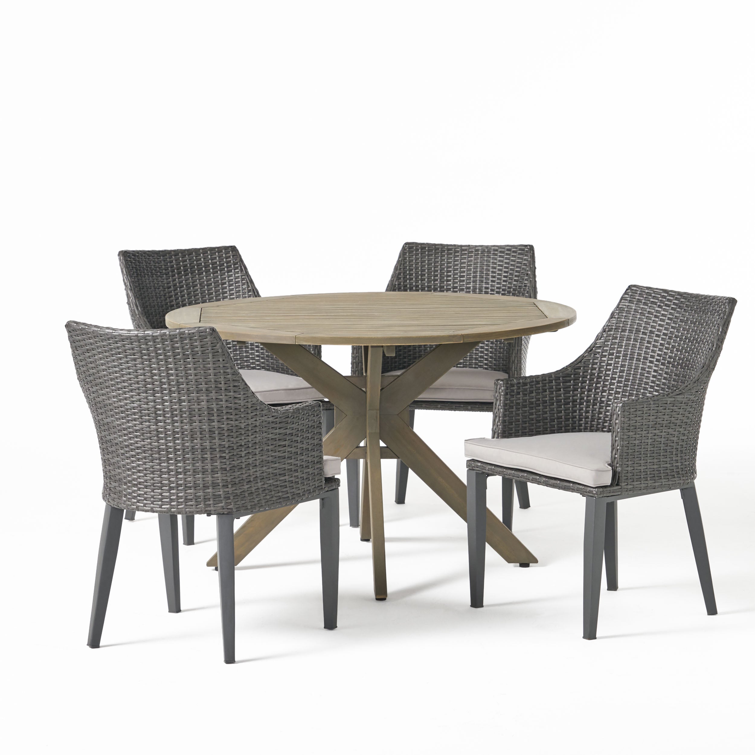 Linsey Outdoor 5 Piece Wood and Wicker Dining Set, Gray and Gray