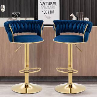 HOMEFUN 37.8 in. Swivel Adjustable Height Golden Metal Frame Cushioned Bar Stool with Navy Blue Velvet Seat (Set of 2) HFHDSN-882NY-2