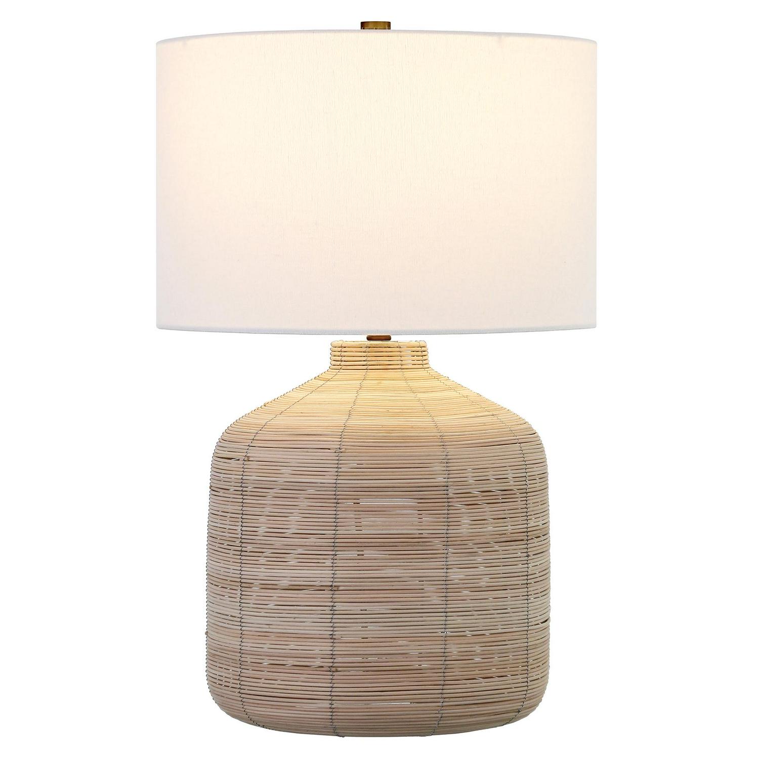 Modern Oversized Rattan Table Lamp with Blackened Steel Accents