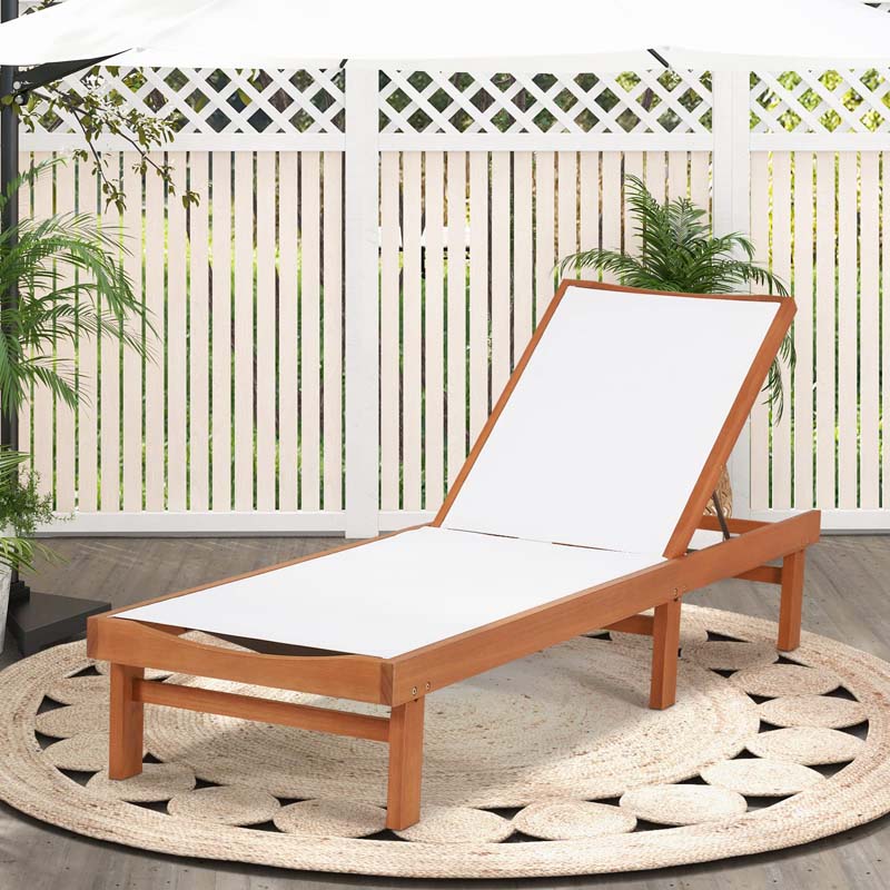 5-Position Wood Outdoor Patio Chaise Lounge Chair Pool Sun Lounger with Breathable Fabric