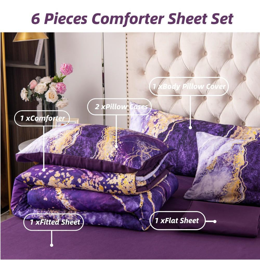 PERFEMET 6 Pcs Bed-in-a-Bag Purple Watercolor Marble Colorful Comforter Set， (Purple， Queen)