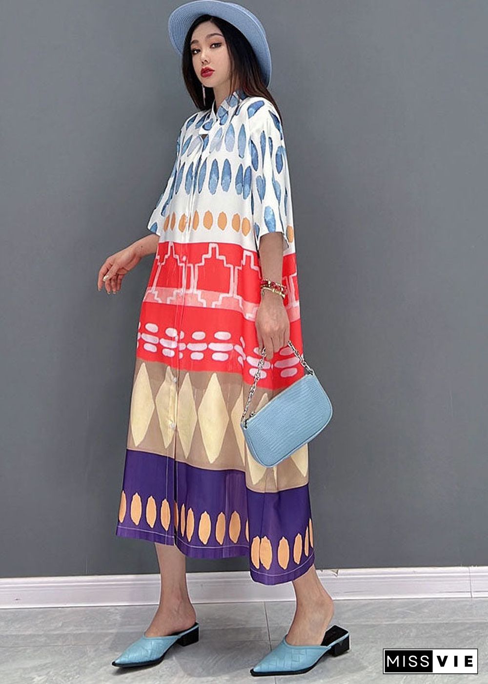 Natural Blue Stand Collar Patchwork Chiffon Shirt Dresses Half Sleeve