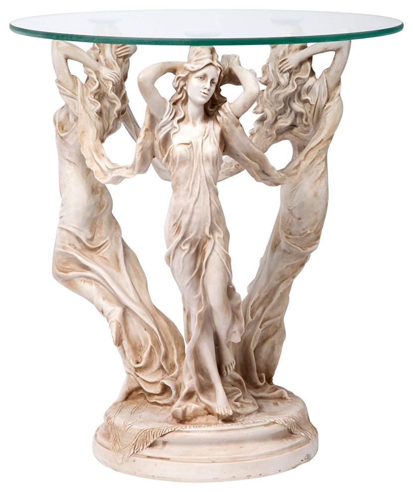 Classic End Table  Greek Muses Sculpture With Round Glass Top  Antique Stone   Farmhouse   Side Tables And End Tables   by Declusia  Houzz