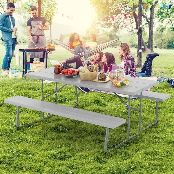 Gymax Folding Picnic Table w/ 2 Benches 6 FT Camping Table Set w/