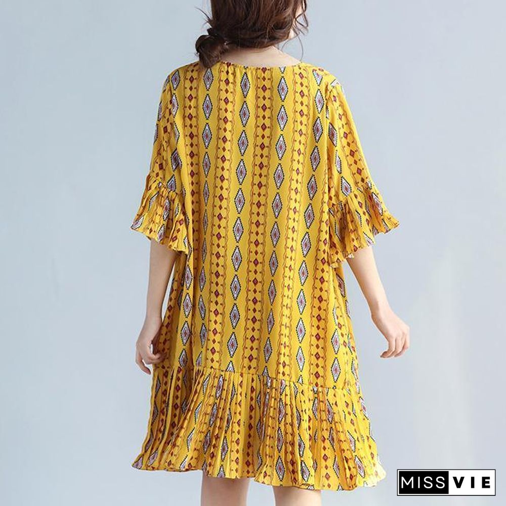 Elegant yellow prints chiffon shift dresses oversized chiffon clothing dresses women ruffles hem ruffles sleeve dress