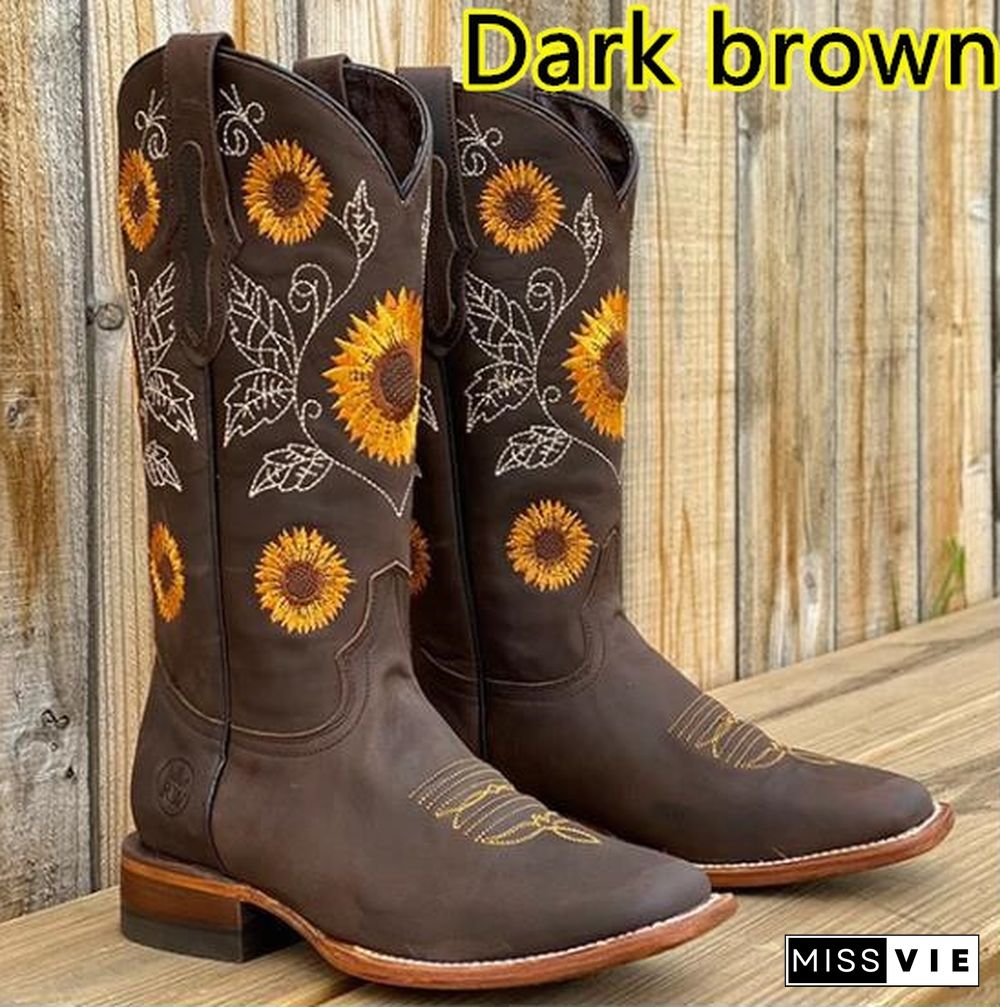 Women's Boot Sunflower Embroidery Cowboy Boots for Women Thick Heel Leather Boots Plus Size 35-43