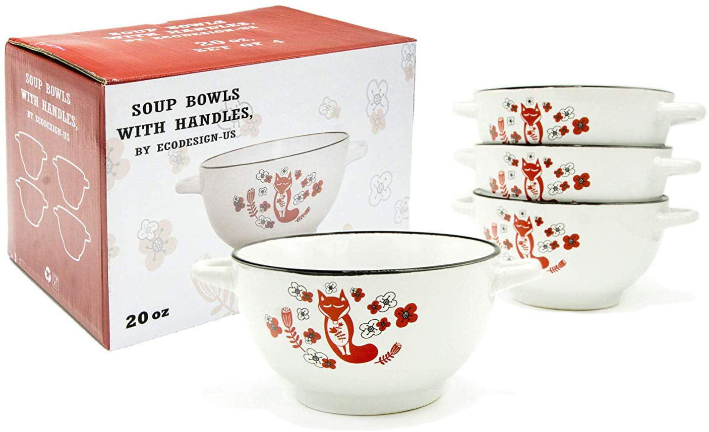 20-ounce Footed Ceramic White Soup Cereal Bowls with Handles - Set of 4 - Fox Folk Art Dinnerware Crocks