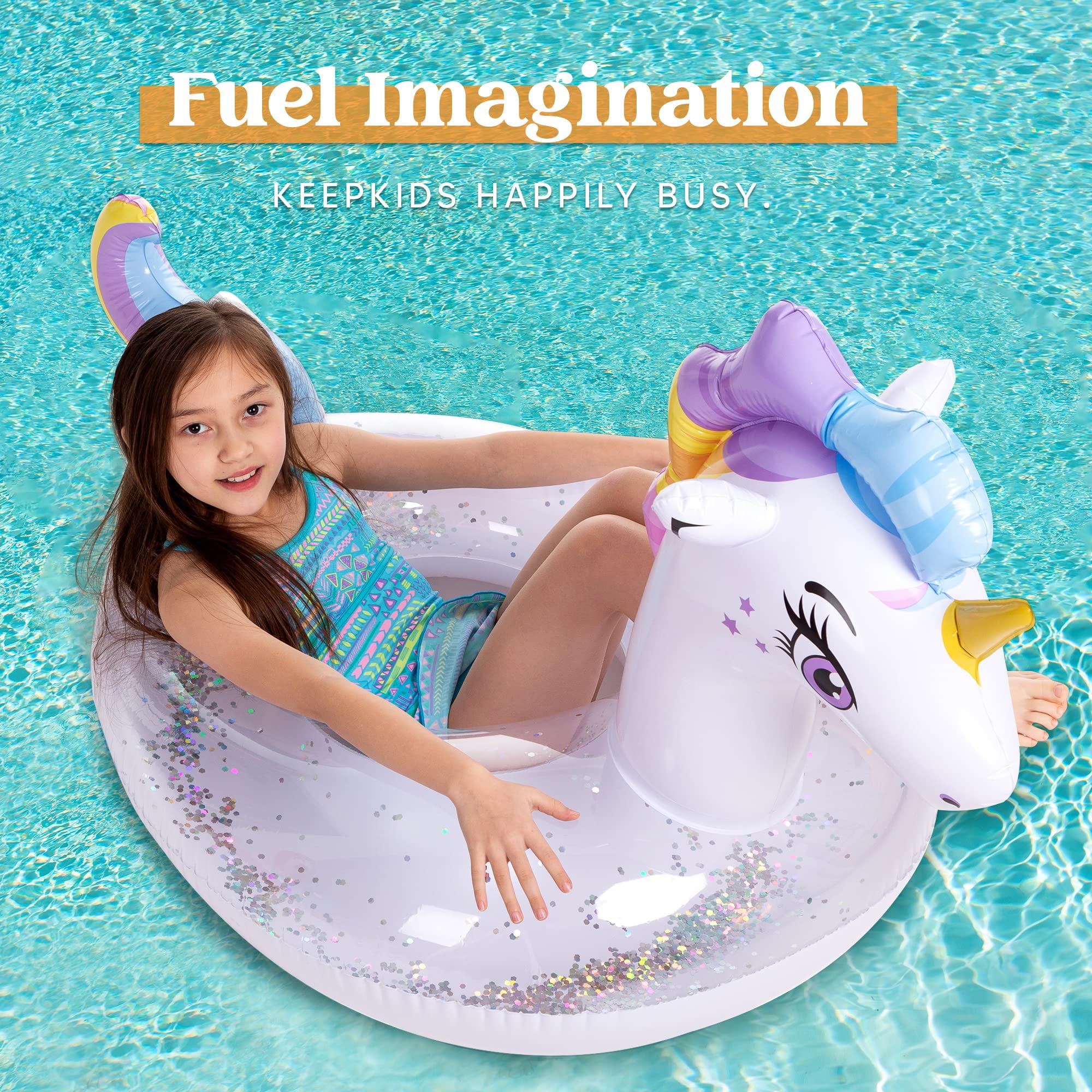 Inflatable Unicorn Pool Float with Glitters, Tubes for Floating, Fun Beach Floaties, Pool Toys, Summer Party Decorations for Kids (51” x 33.5” x 32.5”)