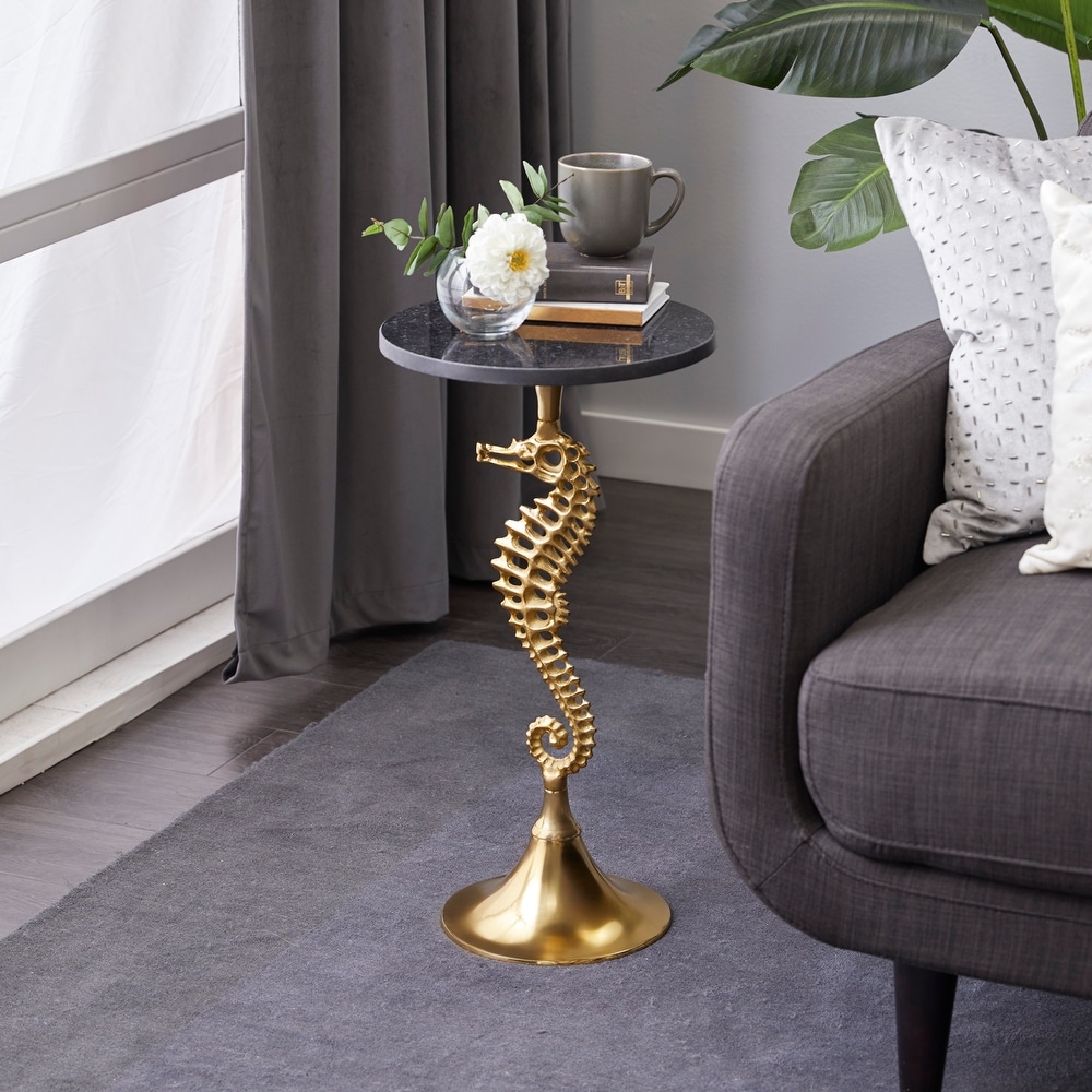 Gold Aluminum Sea Horse Accent Table with Black Marble Table Top   13 x 13 x 25Round