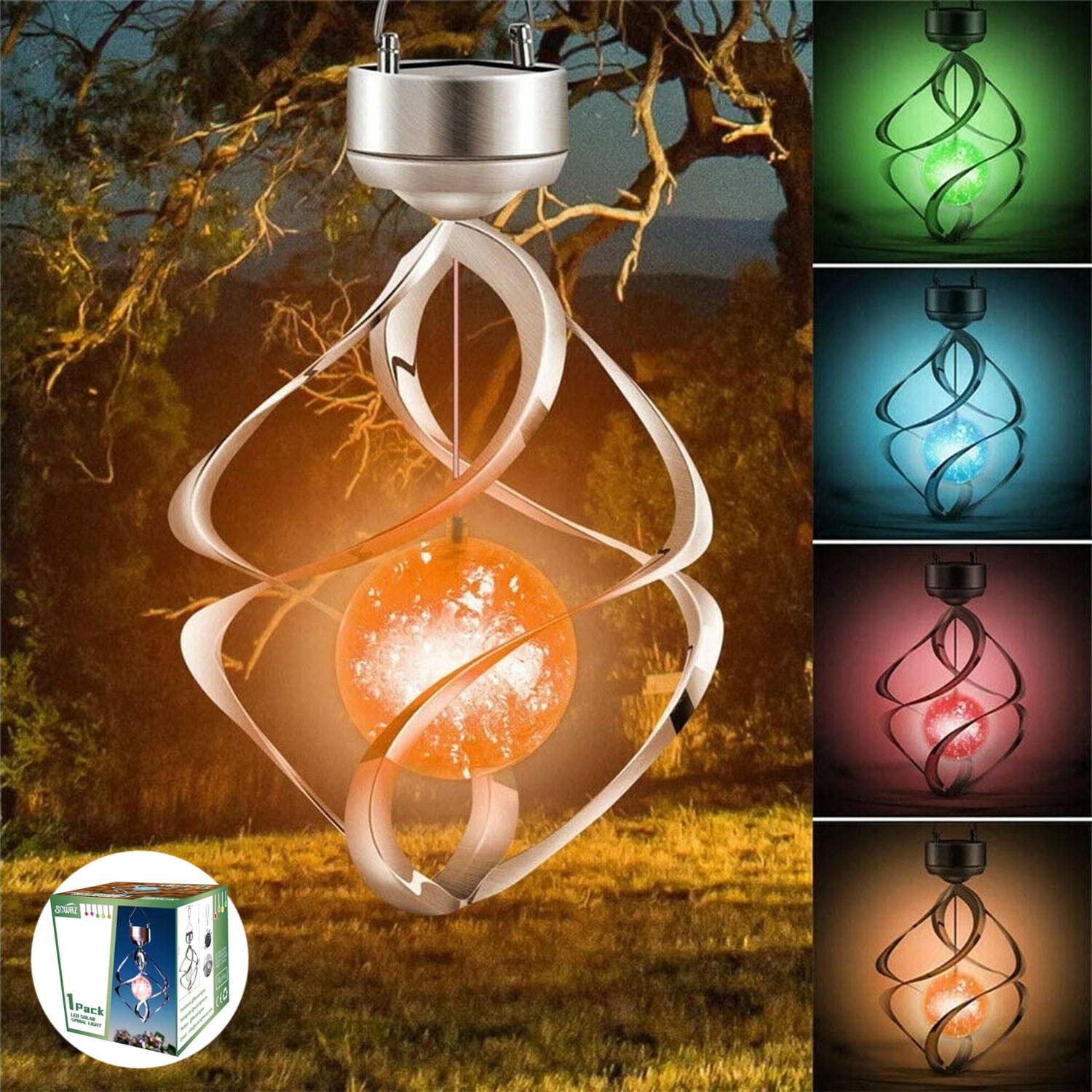 Sowaz 14 in. LED Solar Revolving Wind Chimes Hanging Spiral Solar Lights Outdoors Garden Home Lawn Patio Multi Color Changing