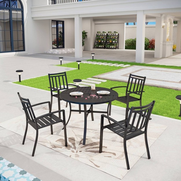 5pc Outdoor Dining Set With Striped Stackable Chairs amp Round Metal Table With Umbrella Hole Black Captiva Designs