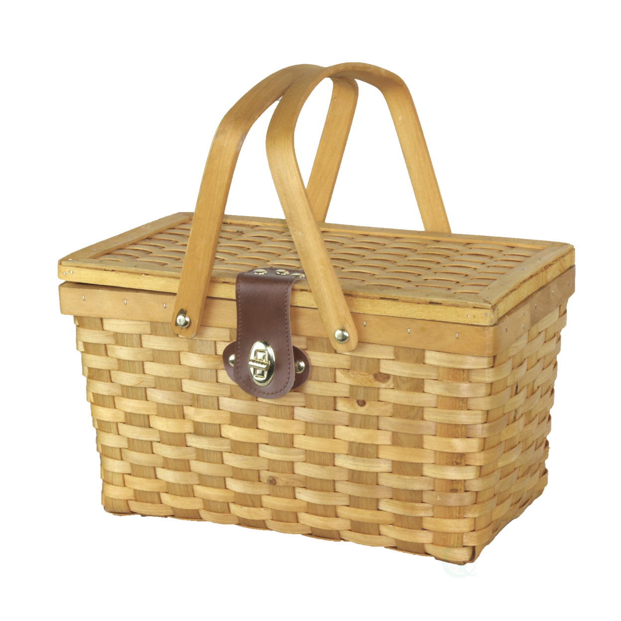 Gingham Lined Woodchip Picnic Basket With Lid and Movable Handles