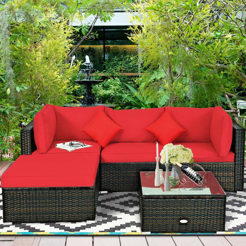 5 Pcs Outdoor Patio Rattan Furniture Sectional Sofa Set Wicker Conversation Set with Cushions