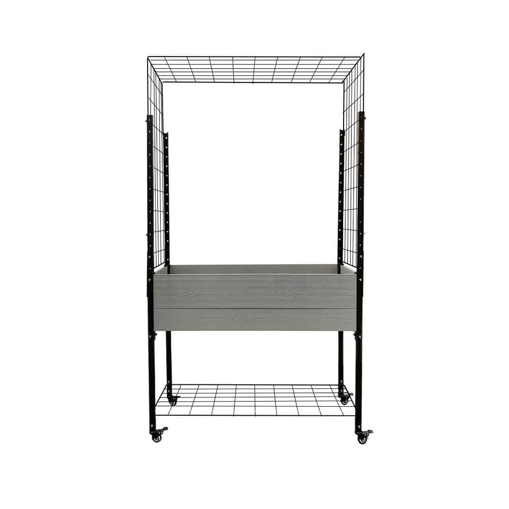 EverBloom 19 in. D x 81 in.H x45in. W Grey and Black Composite Mobile Garden Planter Box Raised Bed w/Trellis Arch and Under Shelf K2102G