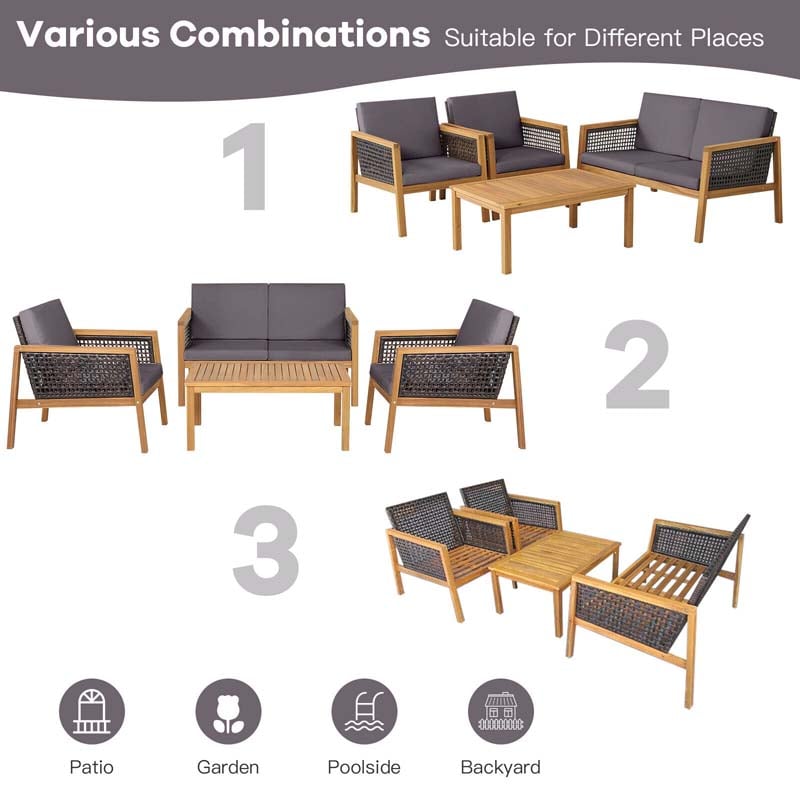 4 Pcs Outdoor Acacia Wood Furniture Set Rattan Patio Conversation Sofa Set with Coffee Table & Soft Cushions