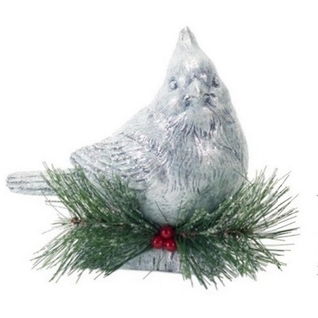 Gray And Green Cardinal Perched On Log With Pine Cones Christmas Tabletop Decor